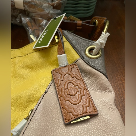 NWT OR YANY Pebble Leather Colorblock Victoria Yellow, Tan, Grey Large Hobo Bag - Picture 9 of 14